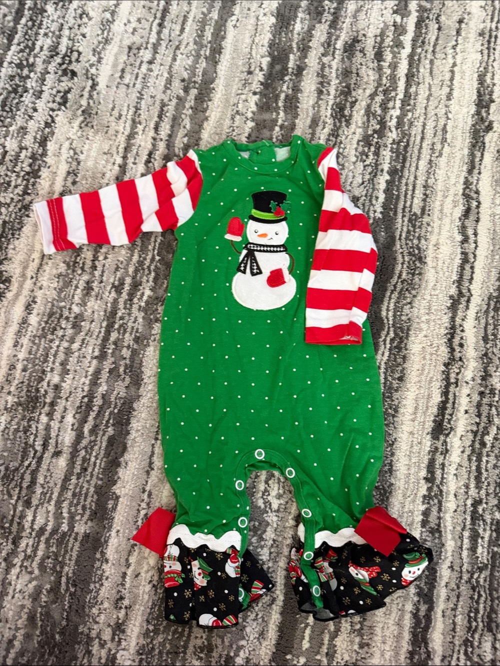 Green Snowman Festive One-Piece Romper for Kids - Red & White Sleeves